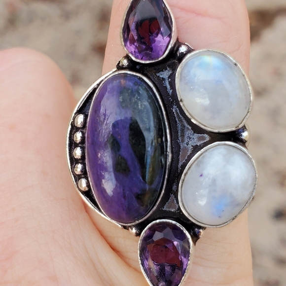 New Charoite, Rainbow Moonstone, and Amethyst 925 Silver Ring. - Picture 3 of 16